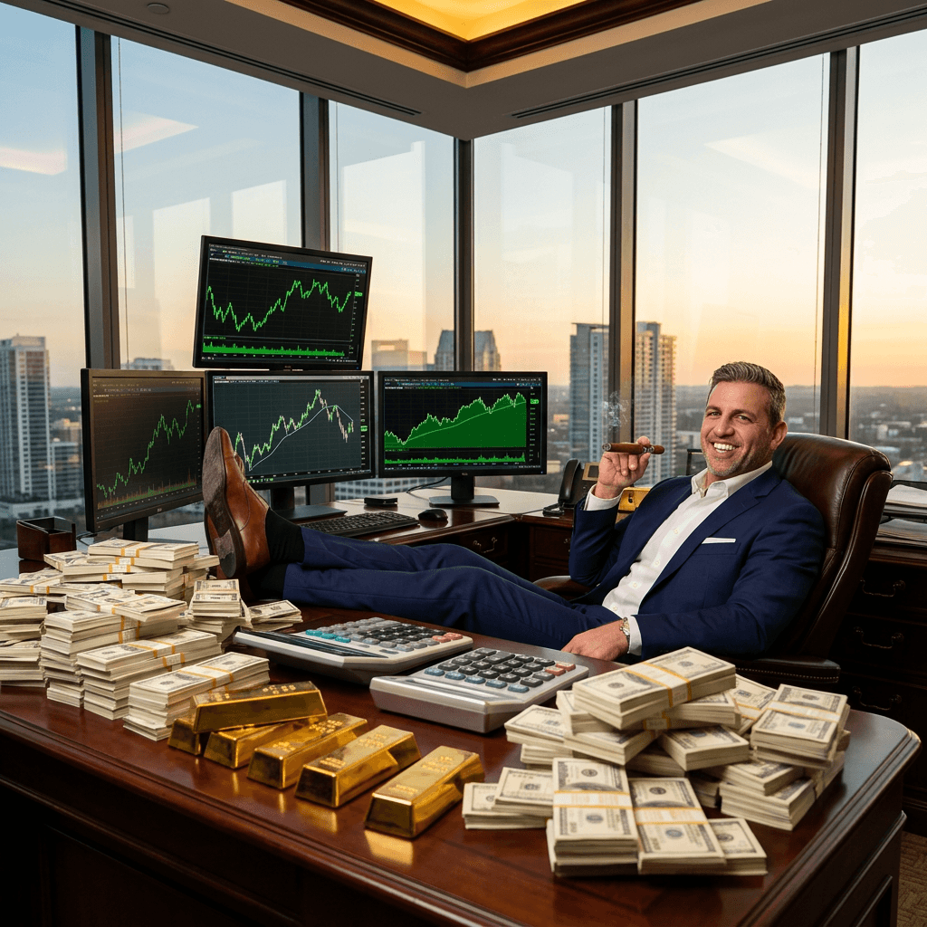 Chase at his desk surrounded by cash and gold